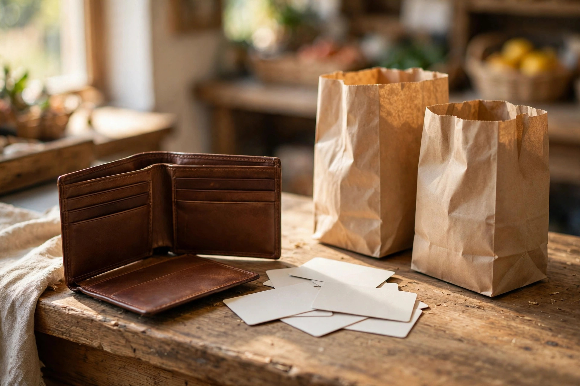 Open wallet with blank cards beside two paper grocery bags on a wooden counter