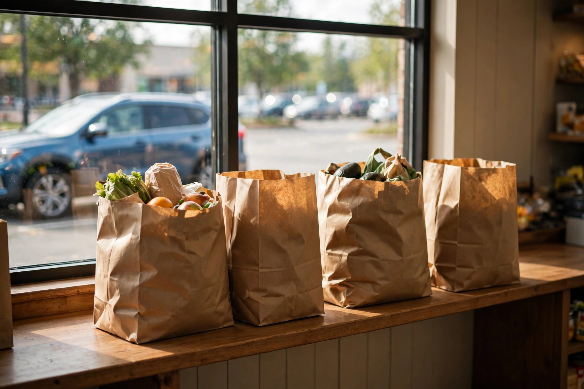 Paper grocery bags filled with produce on a pickup counter by a window