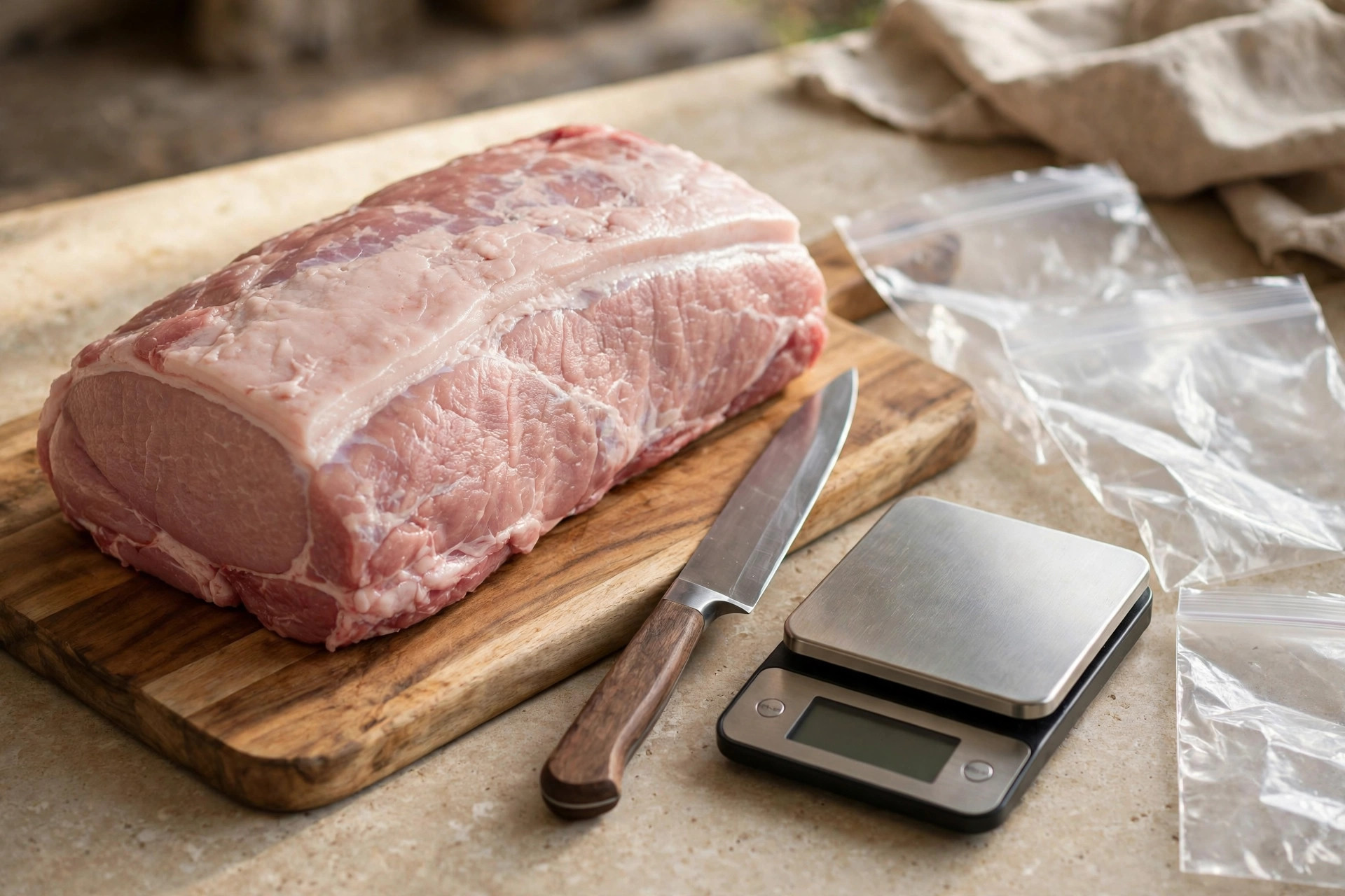 Whole raw pork loin on a cutting board beside a knife, kitchen scale and freezer bags
