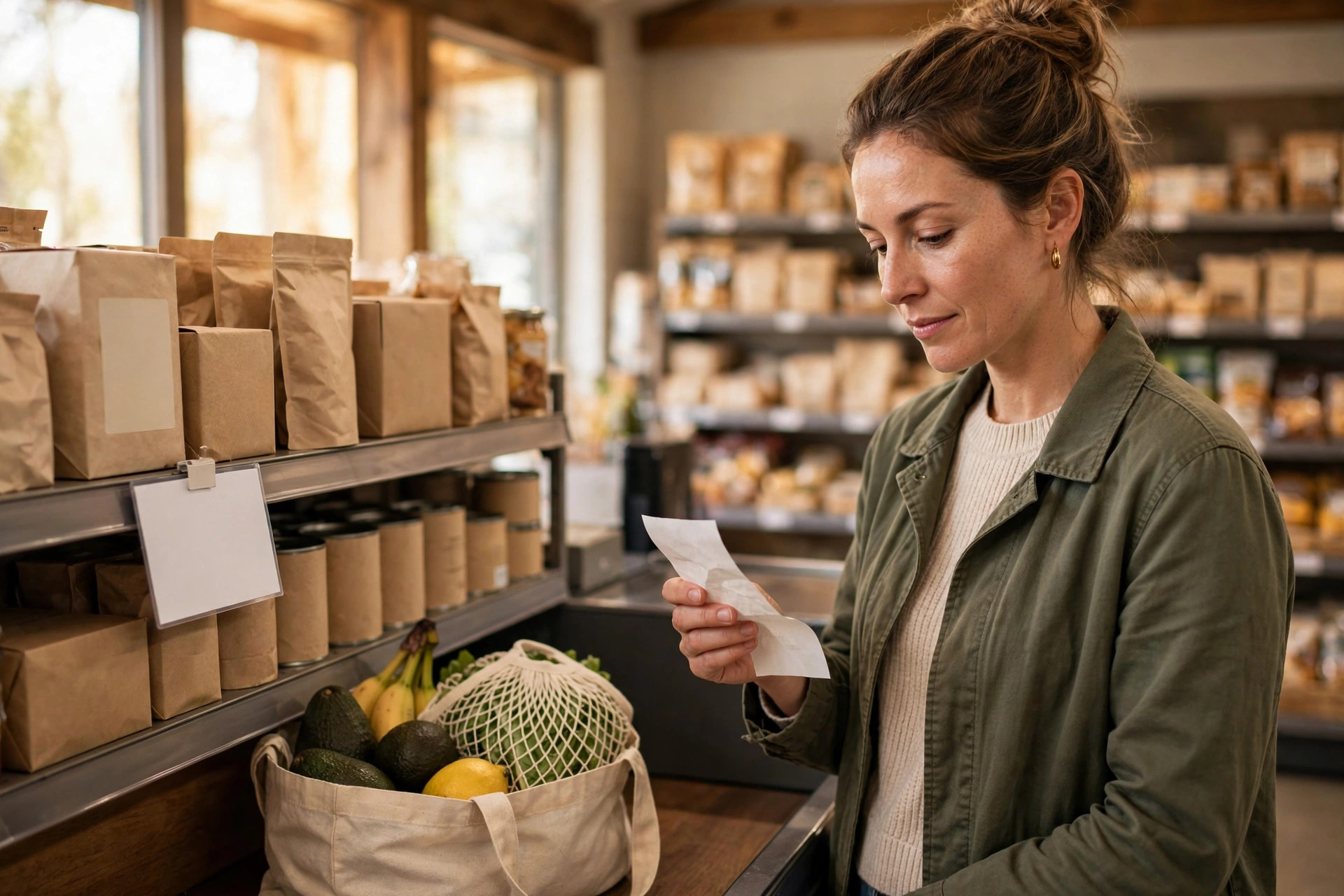Shopper holding a blank receipt beside a blank shelf tag in a grocery store