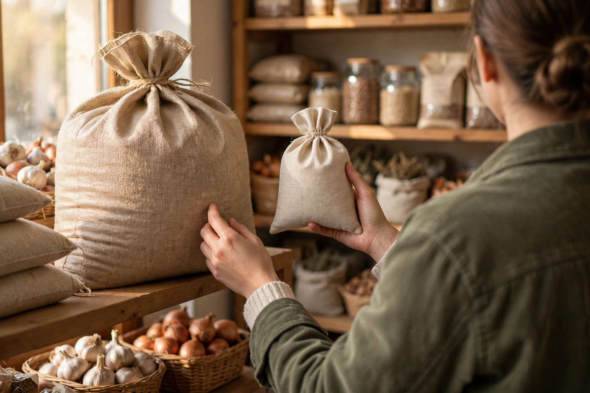 Two sacks of dry staples, one large and one small, on a wooden pantry shelf