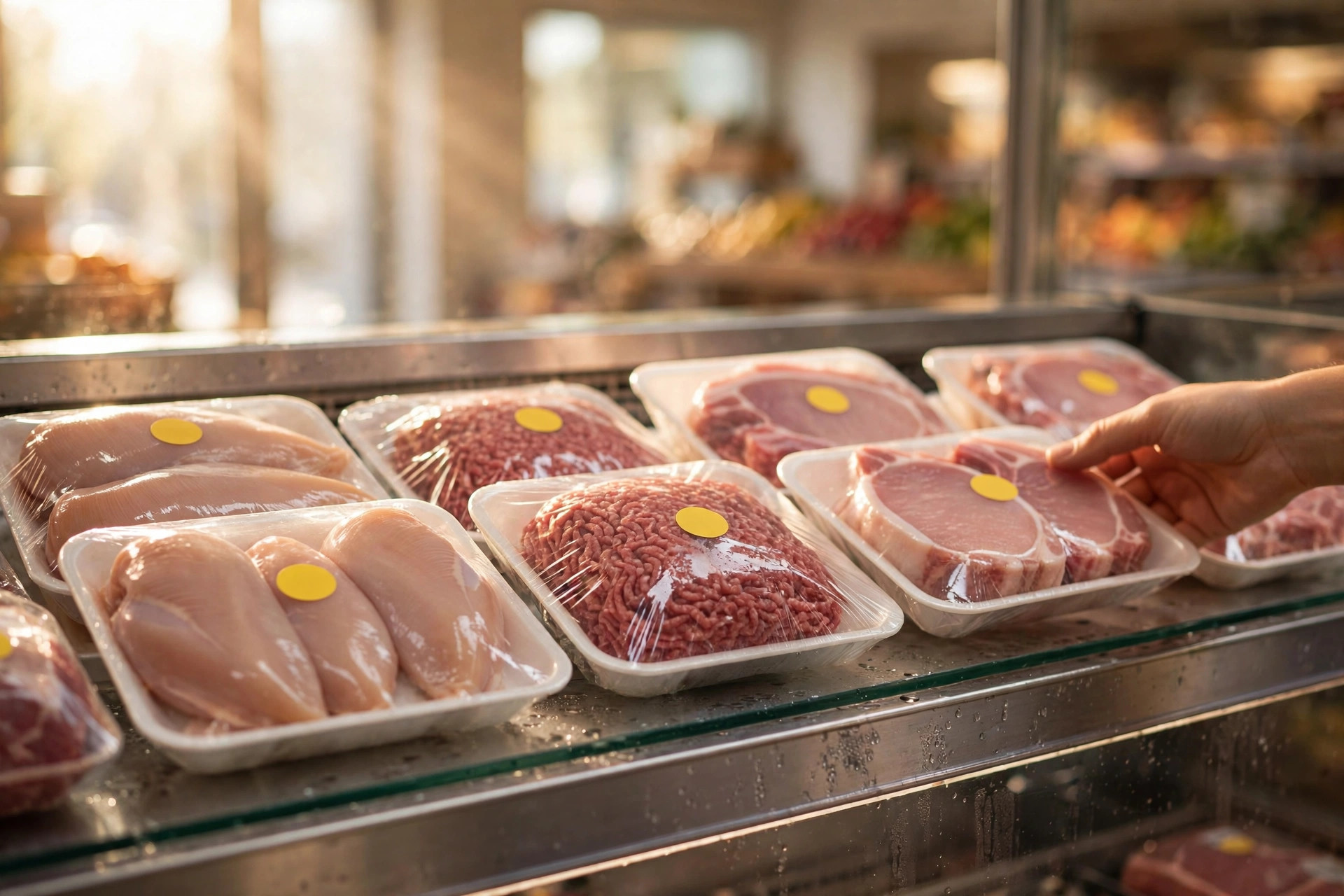 Meat packages with yellow discount stickers on a refrigerated grocery shelf